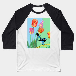 Abstract Blue Wren and Tulips Painting - on Blue and Light Green Baseball T-Shirt